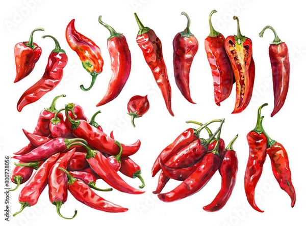 Obraz A set of watercolor illustrations of red chili peppers. Groups of chili peppers in various shades, realistic watercolor style isolated on a transparent background. PNG cut onto transparent back.