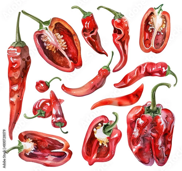 Obraz A set of watercolor illustrations of red chili peppers. Groups of chili peppers in various shades, realistic watercolor style isolated on a transparent background. PNG cut onto transparent back.