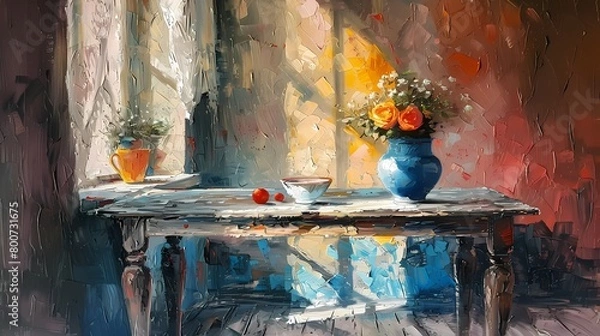 Fototapeta Still life  Oil painting impasto features dining table wall art, wabi sabi moody vintage farmhouse  style digital art print, wallpaper, background