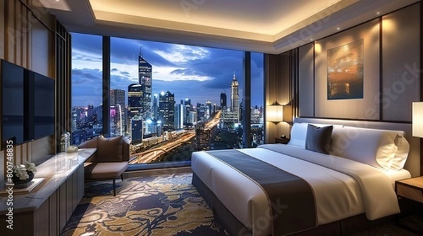 Obraz interior of a luxury hotel room with a panoramic view of a bustling city, symbolizing business travel accommodation
