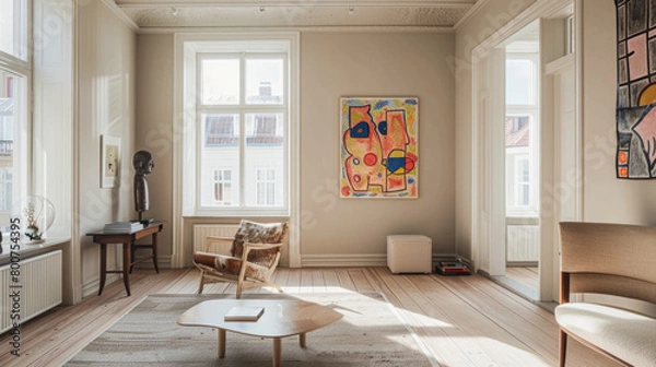 Fototapeta A large room with a white wall and a painting on it. The room is empty except for a chair and a couch