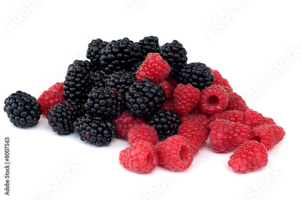 Fototapeta fresh raspberry and blackberry on white background