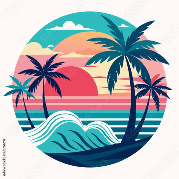 Fototapeta tropical island with palm trees, beach with palm trees vintage vector illustration with white background