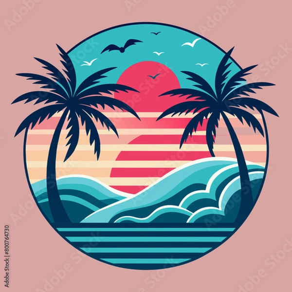 Fototapeta tropical island with palm trees, beach with palm trees vintage vector illustration with white background