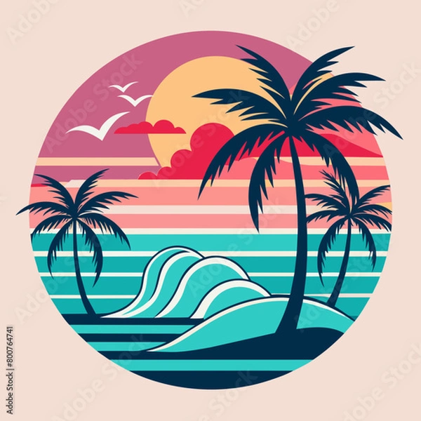 Fototapeta tropical island with palm trees, beach with palm trees vintage vector illustration with white background