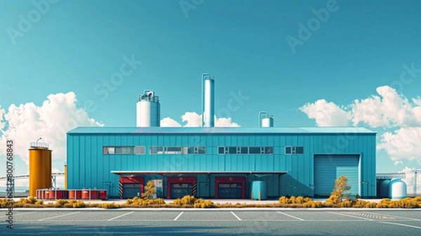Fototapeta Industrial landscape with factory and blue sky. 3d rendering.