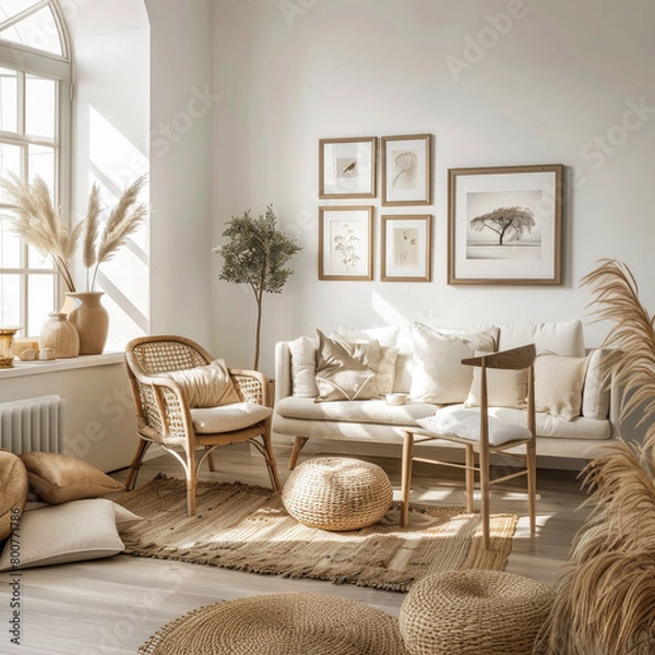 Fototapeta A living room with a white couch, a chair, and a coffee table. The room has a warm and inviting atmosphere, with a rug and pillows on the floor. There are also several potted plants and vases