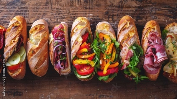 Fototapeta Artistic top shot of gourmet sandwiches, each filled with high-quality meats and cheeses, colorful veggies, on baguettes and artisan bread, studio-lit against a minimalist backdrop, style raw