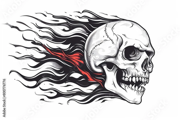 Fototapeta Hand drawn Skull Cartoon and guitar vintage lines illustration design for POD print on demand on white background.