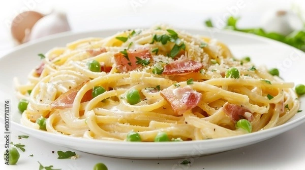 Fototapeta Elegant dish of creamy carbonara pasta, featuring crispy pancetta and a delicate egg sauce, garnished with fresh green peas, isolated on white