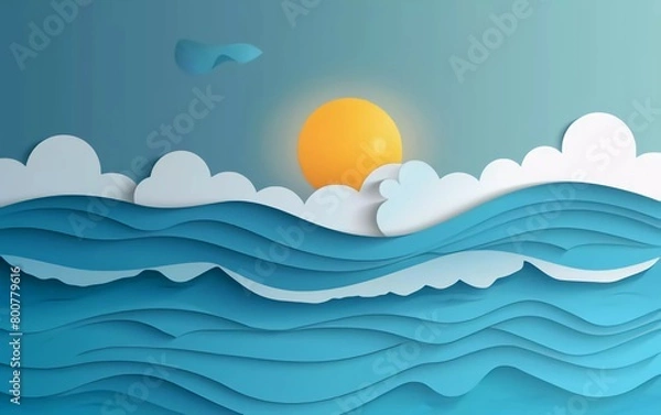 Fototapeta Sea horizon panoramic view in excellent paper cut style vector illustration