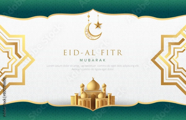 Fototapeta Clean modern lslamic background with gold islamic element. crescent moon and mosque. Suitable for raya and ramadan template concept.