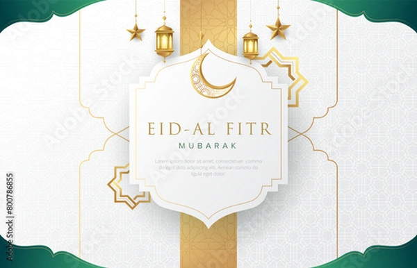 Fototapeta Clean modern Islamic background with gold ornament star, moon and lanterns. Suitable for raya and ramadan template concept.