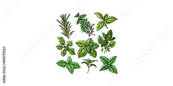 Fototapeta 
Set of various herbs, including rosemary, mint leaves, oregano, thyme and basil, with illustrations on a white background 