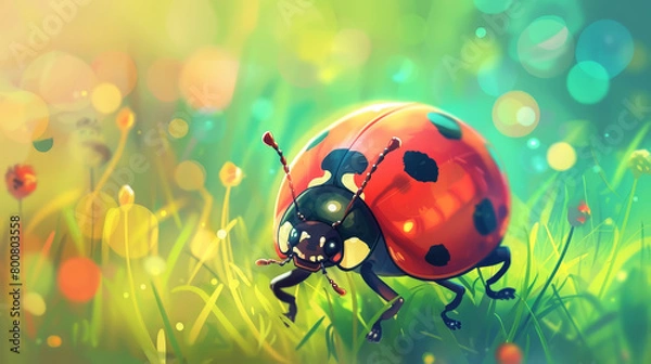 Fototapeta Ladybug on greenery with a bright and vibrant blurred background