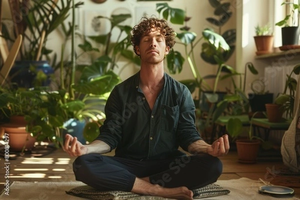 Fototapeta Caucasian man meditating in the lotus position. Generate AI image