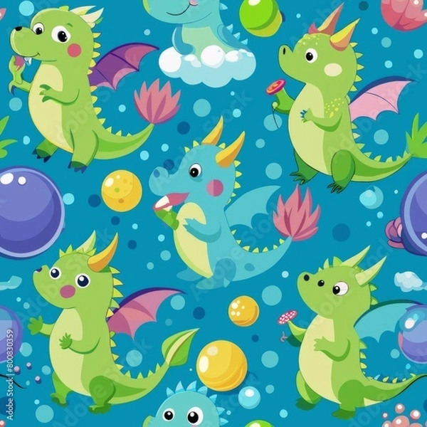 Fototapeta Seamless pattern of playful dragons blowing bubbles in a meadow, Generative AI