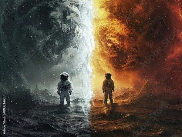 Fototapeta Two astronauts on the alien planet.