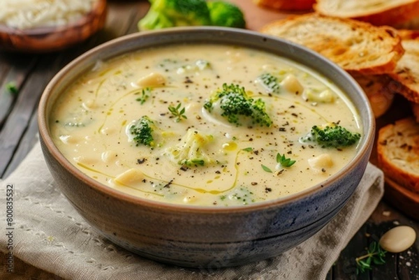 Fototapeta Close up horizontal image of a bowl of broccoli cheese soup with toast