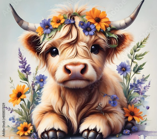 Fototapeta Baby highland cow with a flower