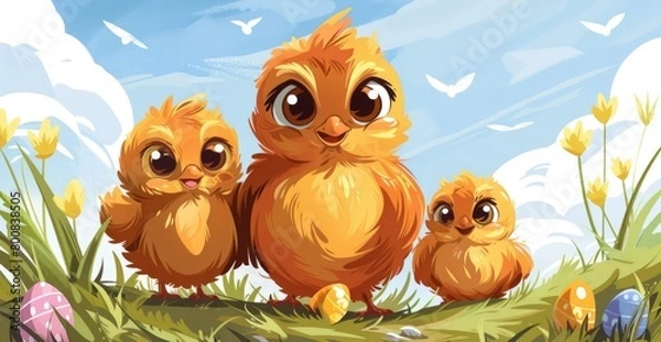 Fototapeta Little chickens sit on a lush green field for Easter.