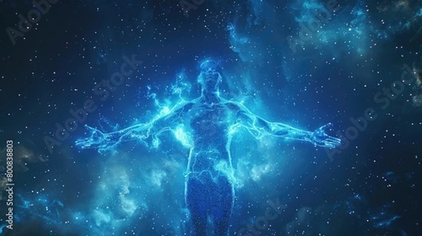 Fototapeta Silhouette of a man in the rays of a shining aura around his body against the backdrop of outer space with stars. The theme of awakening energy and discovering magical abilities.