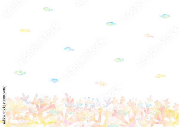 Fototapeta サンゴ礁のある海中をカラフルな熱帯魚が泳ぐ水彩イラスト。楽しい雰囲気いっぱいの夏向けイラスト。