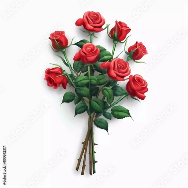 Fototapeta 3d vector rose bouquet icon. Bunch of red flowers in cartoon style illustration, isolated on white background