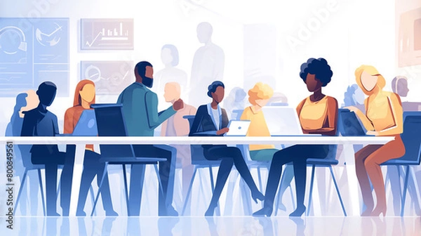 Fototapeta A diverse group of people sit around a table, talking to each other, and subtle outlines of other figures add depth to the scene. The illustration style uses simple shapes and flat colors to depict th
