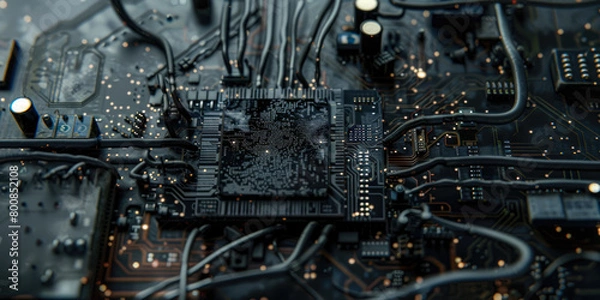 Fototapeta Micro Chip Processor With Wires Attached To It On The Background Of Microcircuits Created Using Artificial Intelligence