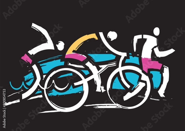 Fototapeta Triathlon race,  runner, swimmer, cyclist,  expressive stylized. 
Three triathlon athletes on the black background. Vector available.