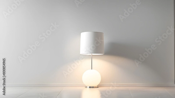 Fototapeta A white lamp is sitting on a white floor in a room with a white wall