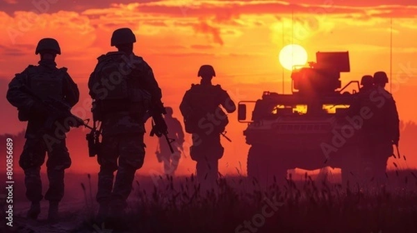 Fototapeta silhouette of soldiers and defense equipment in the sunset. on the battlefield ground war.