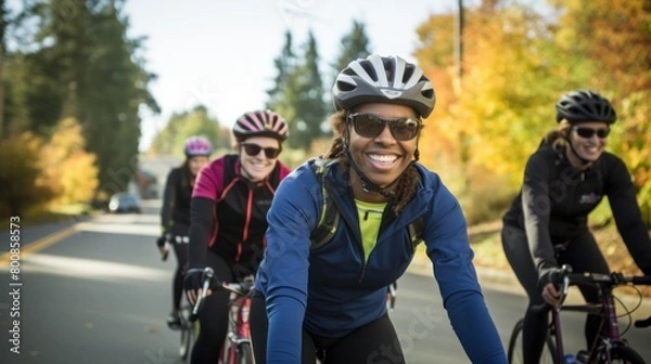 Fototapeta A diverse group of friends on bicycles shared smiles. A symbol of commitment to fitness and friendship.