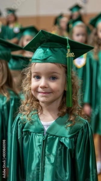 Fototapeta A young girl in a green graduation gown smiling for the camera. Generative AI.