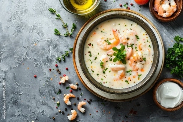 Fototapeta Creamy seafood chowder with sour cream herbs and pepper on grey background Overhead view