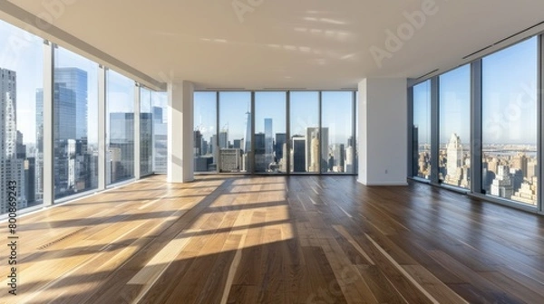 Fototapeta The spacious, empty apartment has parquet floors and floor-to-ceiling windows that offer panoramic views of the city skyline.