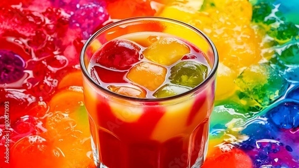 Obraz The refreshing juice with ice on a bright multi colored background