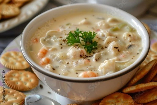 Fototapeta Homecooked clam chowder with crackers