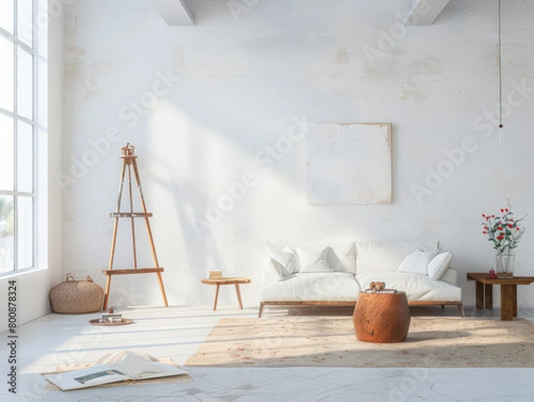 Fototapeta Artist loft living room space with boho elements. Interior design concept composition.