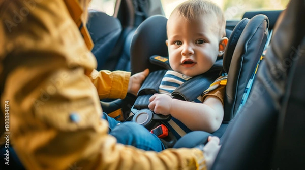 Fototapeta Securing Safety: Child in Car Seat with Parent Checking Belts