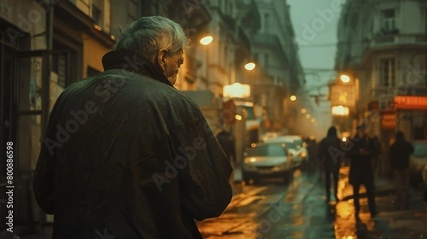 Fototapeta At the edge of a bustling street, an elderly figure stands, unnoticed by the passing throngs, lost in the depths of his own despair.