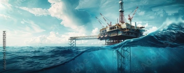 Fototapeta An offshore oil platform stands in an open sea signifying the exploration and extraction of natural resources.