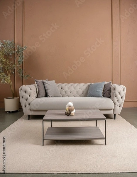 Obraz Luxury living room in warm colors. Brown beige walls, light gray lounge furniture -sofa, table. Empty background microcement for art. Rich interior design. Mockup room office reception. 3d, Ai Generat