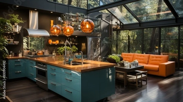 Fototapeta kitchen island with blue cabinets and copper countertop in a modern house with large windows