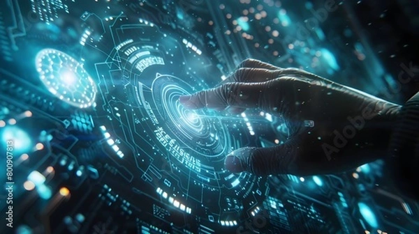 Fototapeta Futuristic Digital Interface with Glowing Holographic Technology and Cosmic Backdrop