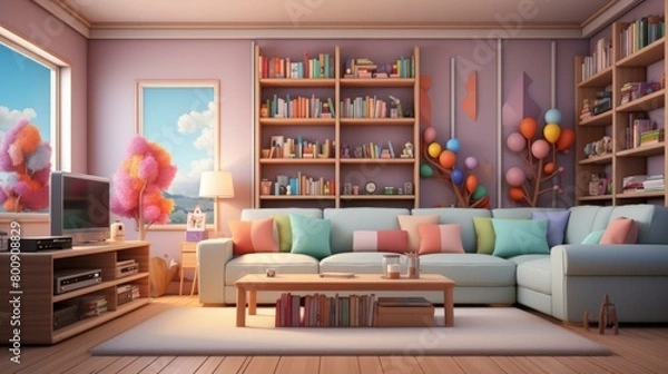 Fototapeta A cozy living room with a large bookshelf, a sofa, and a coffee table