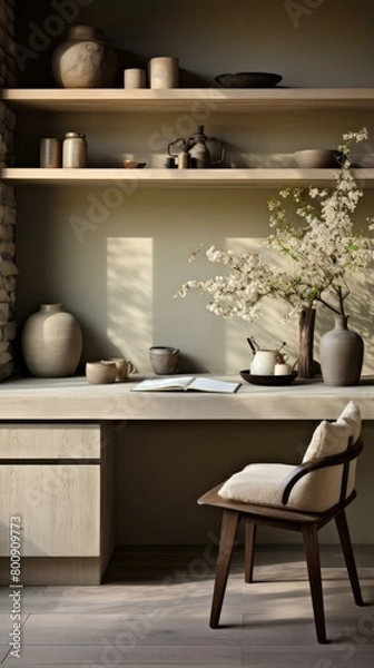 Fototapeta A desk with a vase of flowers and a book on it