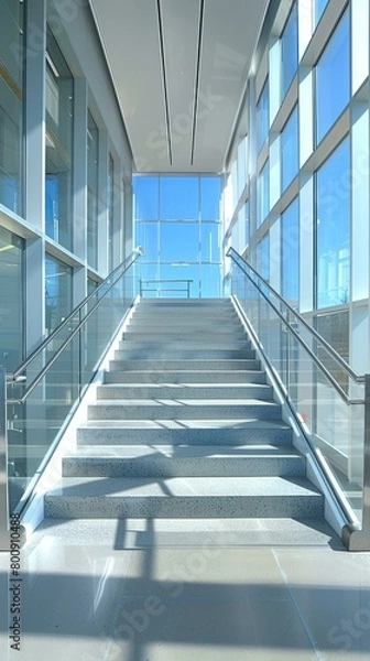 Fototapeta Staircase with Glass Railing and Blue Sky Background