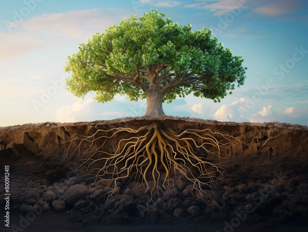 Fototapeta Stunning visualization of a large oak tree with its extensive roots exposed